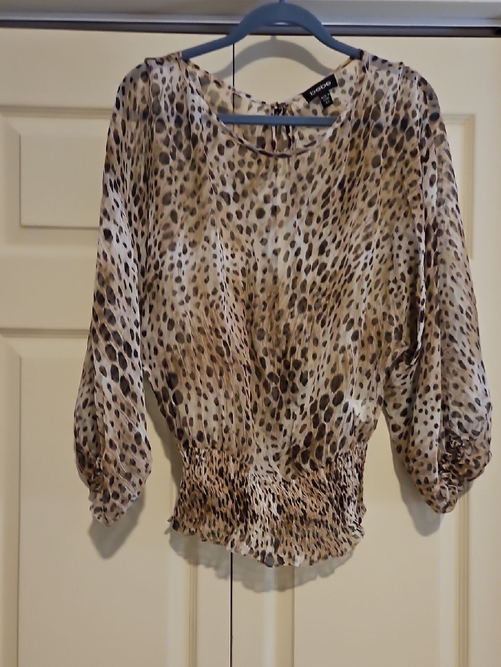 bebe Beige and Brown Leopard-Print Smocked Hem Blouse